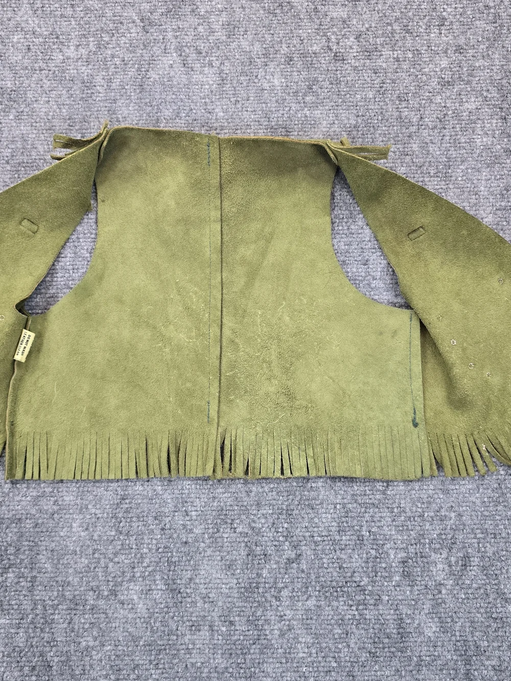 Vintage Sears Kids Leather Fringe Vest Olive Green Western Cowboy Size 4/5